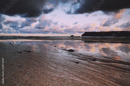 Early morning view of the beach at Polzeath Vintage Retro Filter