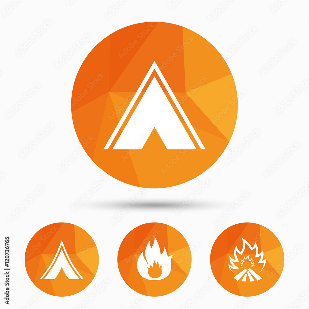 Tourist camping tent signs. Fire flame icons. Tourist camping tent signs. Fire flame icons.