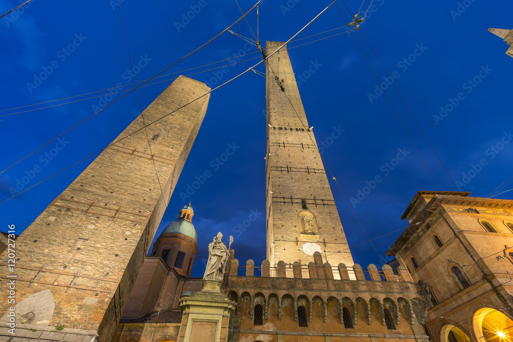 Two famous falling towers Asinelli and Garisenda in Bologna