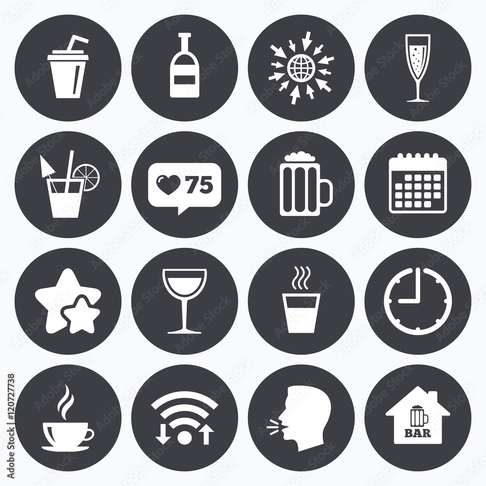 Coffee, tea icons. Alcohol drinks signs. Coffee, tea icons. Alcohol drinks signs.