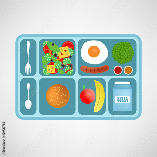 Vector illustration. Flat style. School lunch. Healthy food for students.