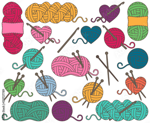 Cute Vector Collection of Balls of Yarn, Skeins of Yarn or Thread for Knitting and Crochet