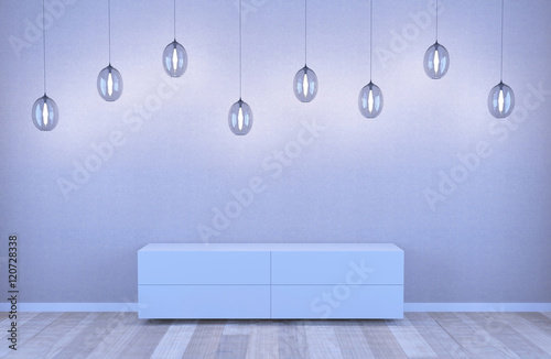 Interior background room. Commode Modern Table, white Wall,  wooden floor and...