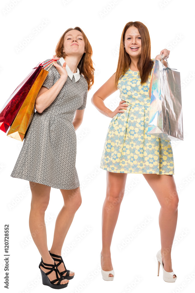 Beautiful girl in dress with shopping bags on white background Beautiful girl in dress with shopping bags on white background