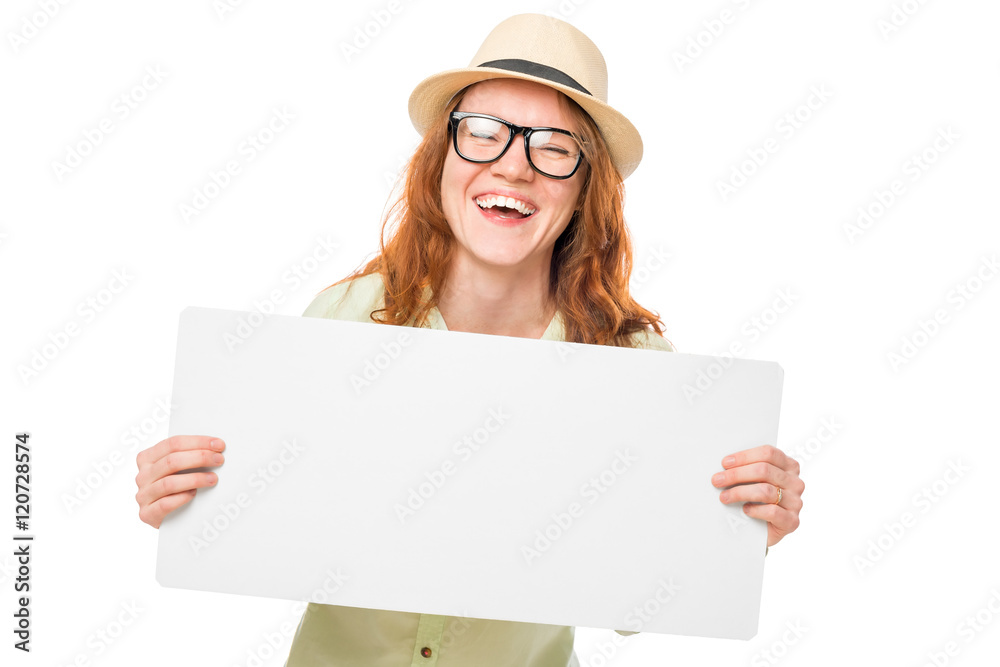 laughing girl with a poster for an inscription isolated on white laughing girl with a poster for an inscription isolated on white