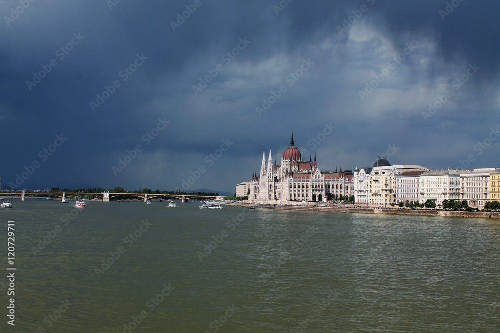 View of the Budapest parliament and Danube river in overcast weather