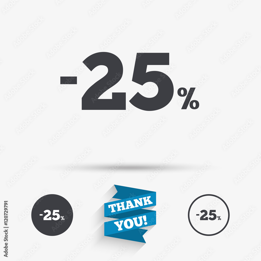 25 percent discount sign icon. Sale symbol. 25 percent discount sign icon. Sale symbol.