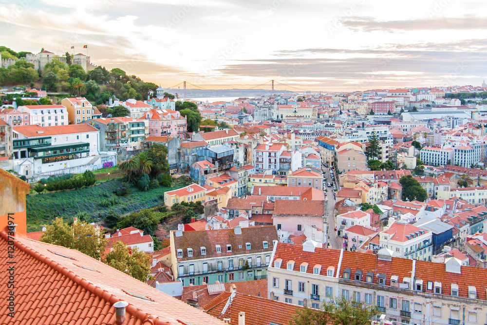 View over Baixa and Castelo de Sao Jorge, Lisbon, Portugal