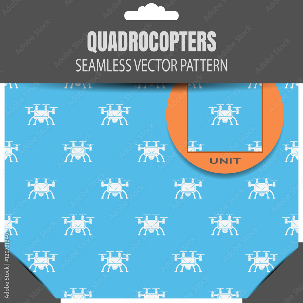 Package of vector seamless pattern of drones on the blue background with orange allocation.