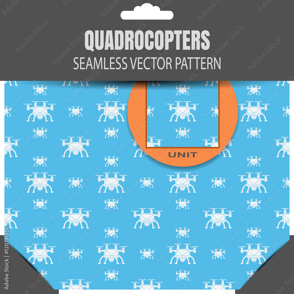 Fototapeta premium Package of vector seamless pattern of quadrocopters on the blue background with allocation.