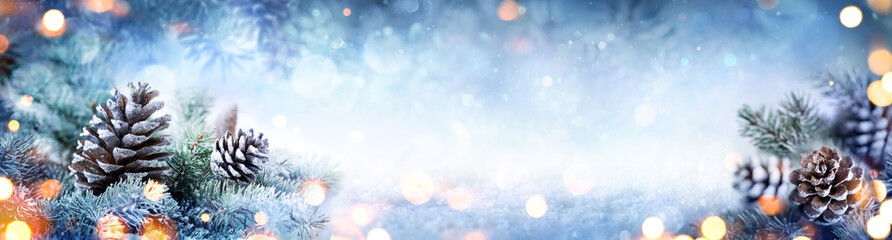 Christmas Decoration Banner - Snowy Pine Cones On Fir Branch With Lights
