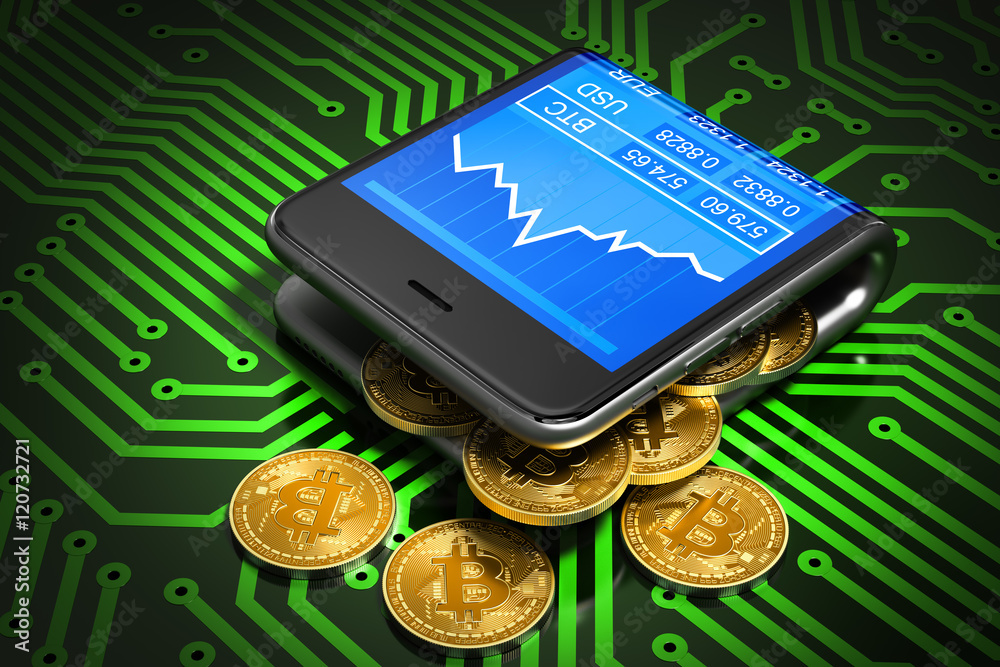 Concept Of Digital Wallet And Bitcoins On Green Printed Circuit Board Concept Of Digital Wallet And Bitcoins On Green Printed Circuit Board