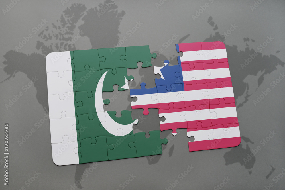 puzzle with the national flag of pakistan and liberia on a world map ...