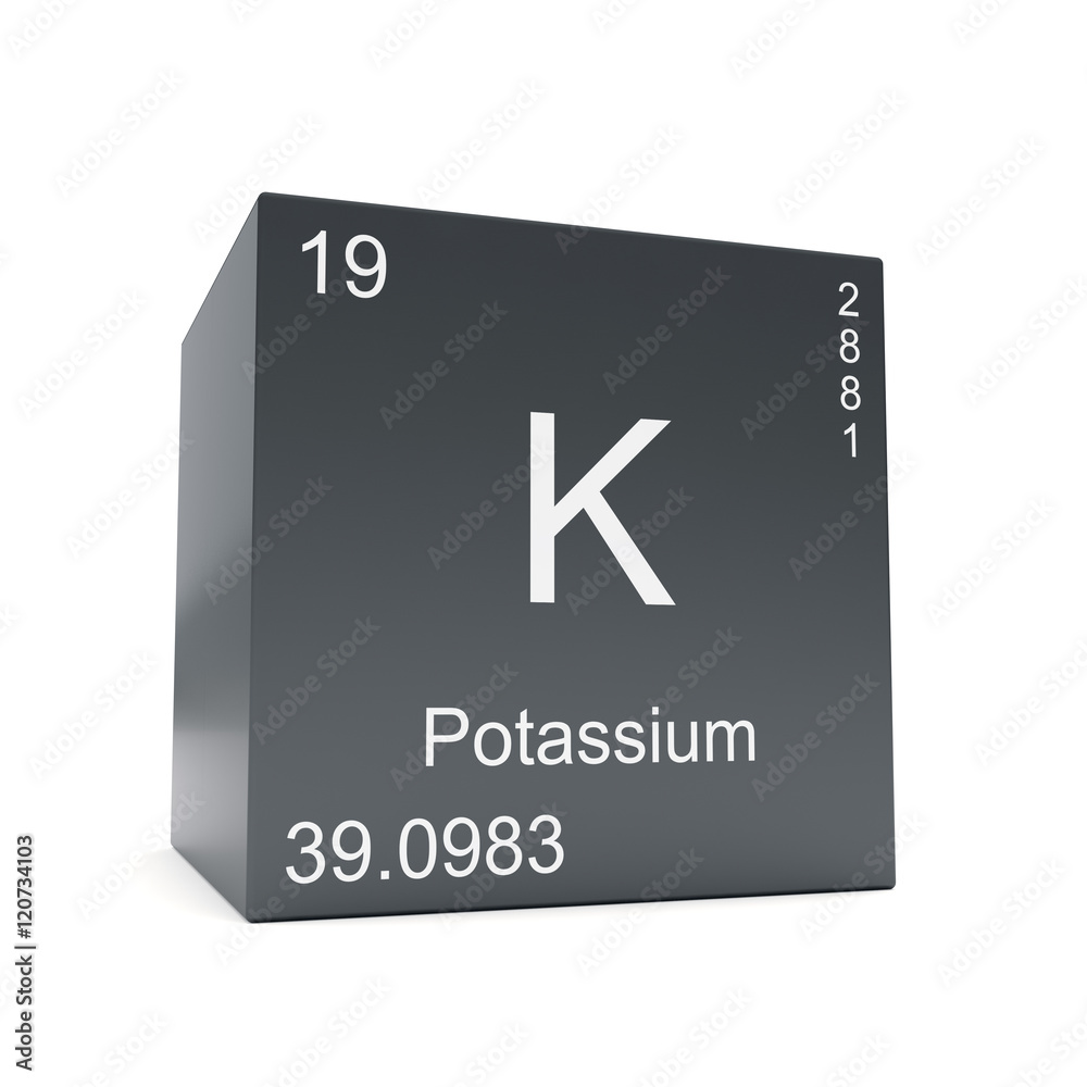 Potassium chemical element symbol from the periodic table displayed on black cube Potassium chemical element symbol from the periodic table displayed on black cube