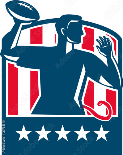 Flag Football QB Player Passing Ball USA Flag Crest Retro