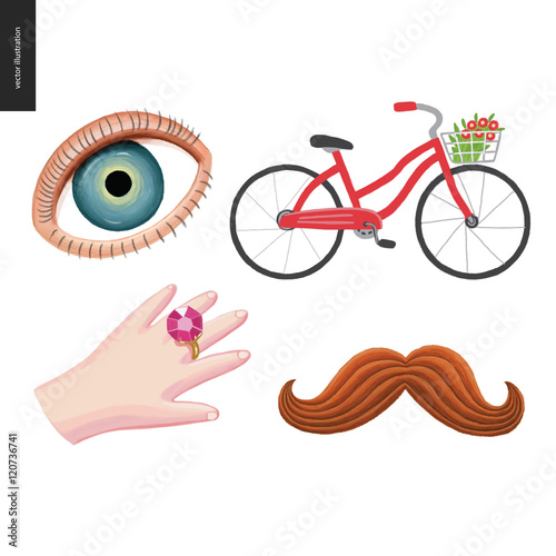 Patches, hand drawn vector stickers set. A set of four cartoon hand drawn elements. An eye, a red bicycle with a basket of flowers, hand with a huge diamond, and mustache