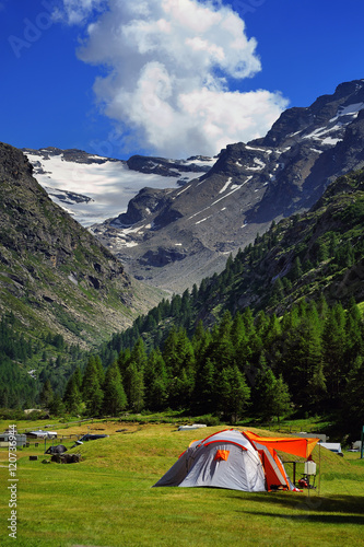touristic tent in camp on Valsavarenche valley  Valle Aosta  Italy