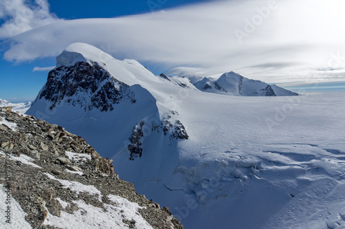 Amazing Winter Landscape of swiss Alps and mount Breithorn, Canton of Valais, Switzerland 