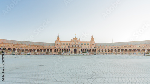 Obraz na płótnie Sunrise at Spanish Square (Plaza de Espana) in Sevilla, Spain w salonie