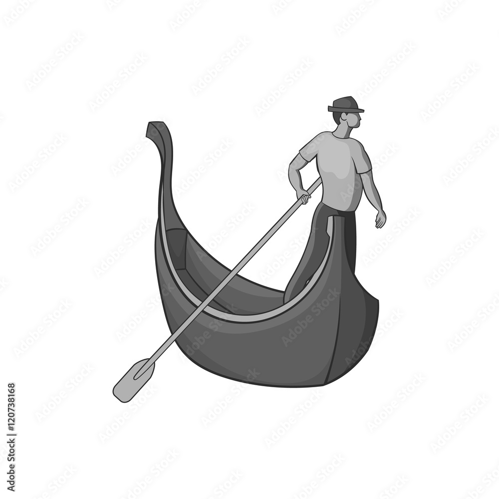 Gondola and gondolier icon in black monochrome style isolated on white background. Swimming symbol vector illustration