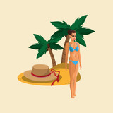 colorful design woman in bikini and  travel related icons vector illustration 