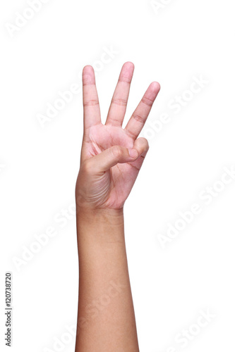 arm,hand and fingers showing number three isolated on white
