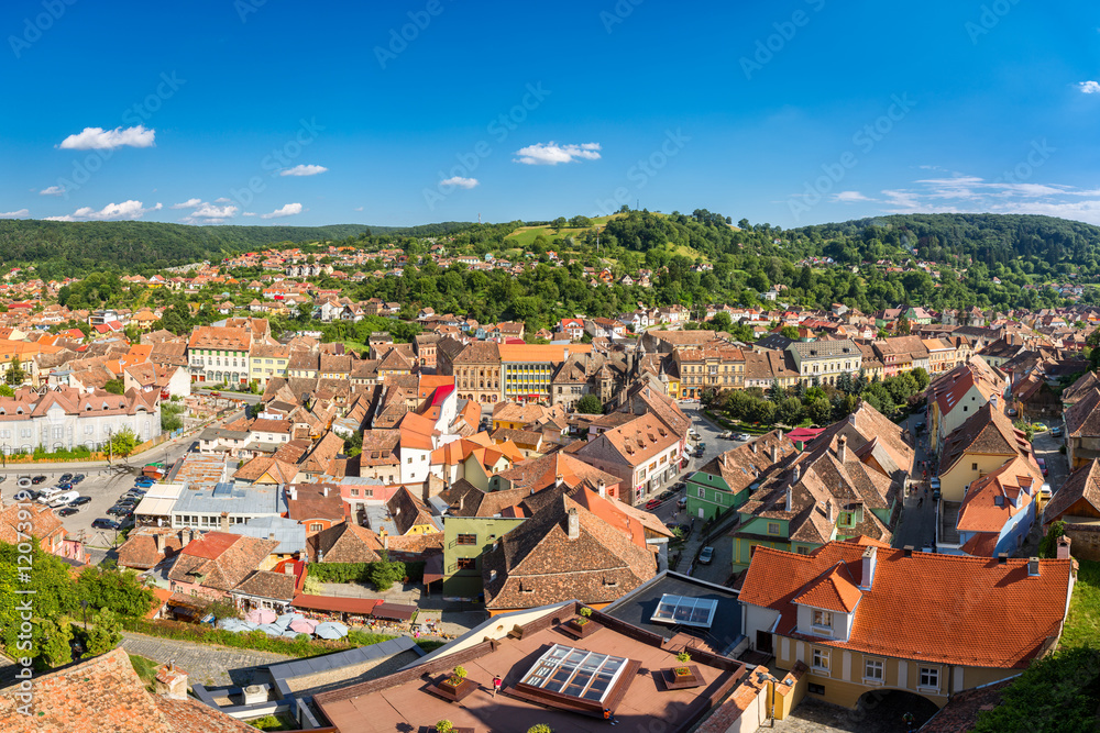 Aerial view of the old Sighisoara town, in Transylvania, Romania