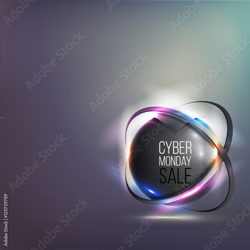 Banner for cyber monday sale with bright glowing 3D sphere. Vector technology illustration