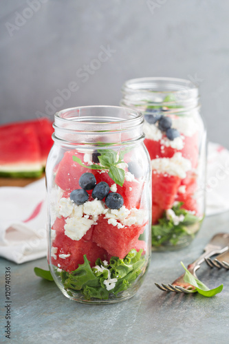 Watermelon salad in a jar with feta