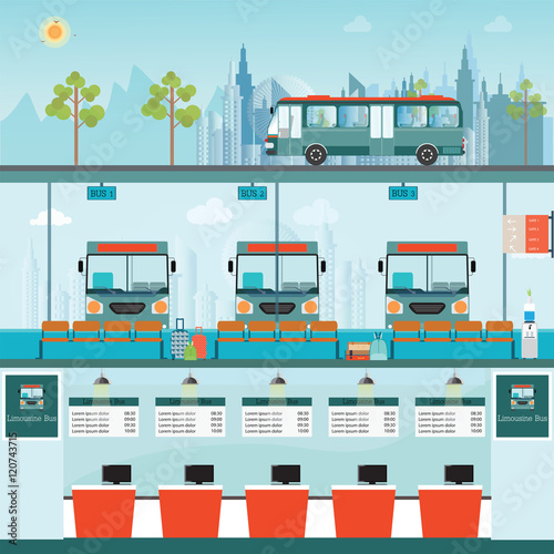 Bus terminal with bus limousine with counter service and waiting