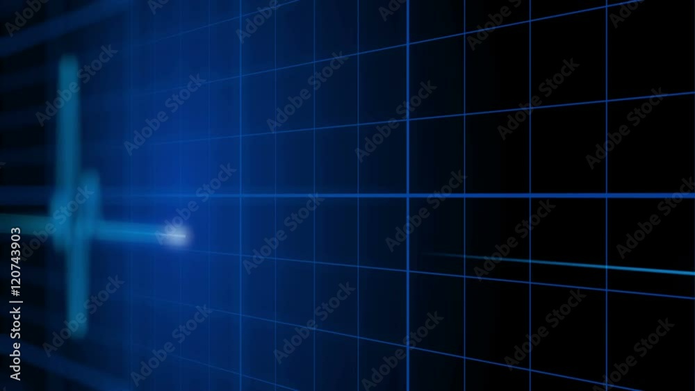 EKG 002: An electrocardiogram heart monitor pulses on a blue grid (Loop).