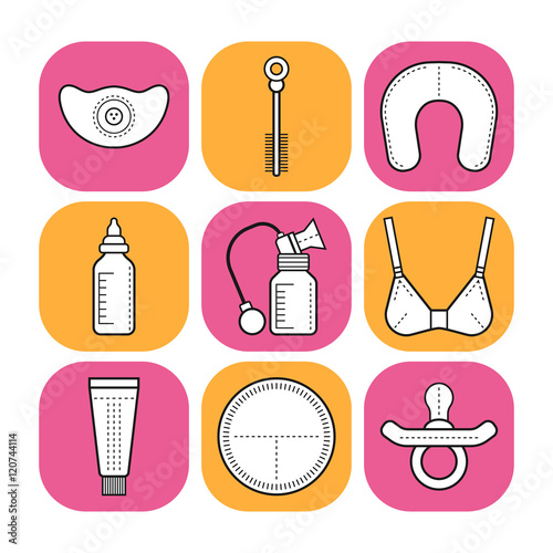 Breastfeeding and motherhood. Flat icons of baby bottles, breast pump.