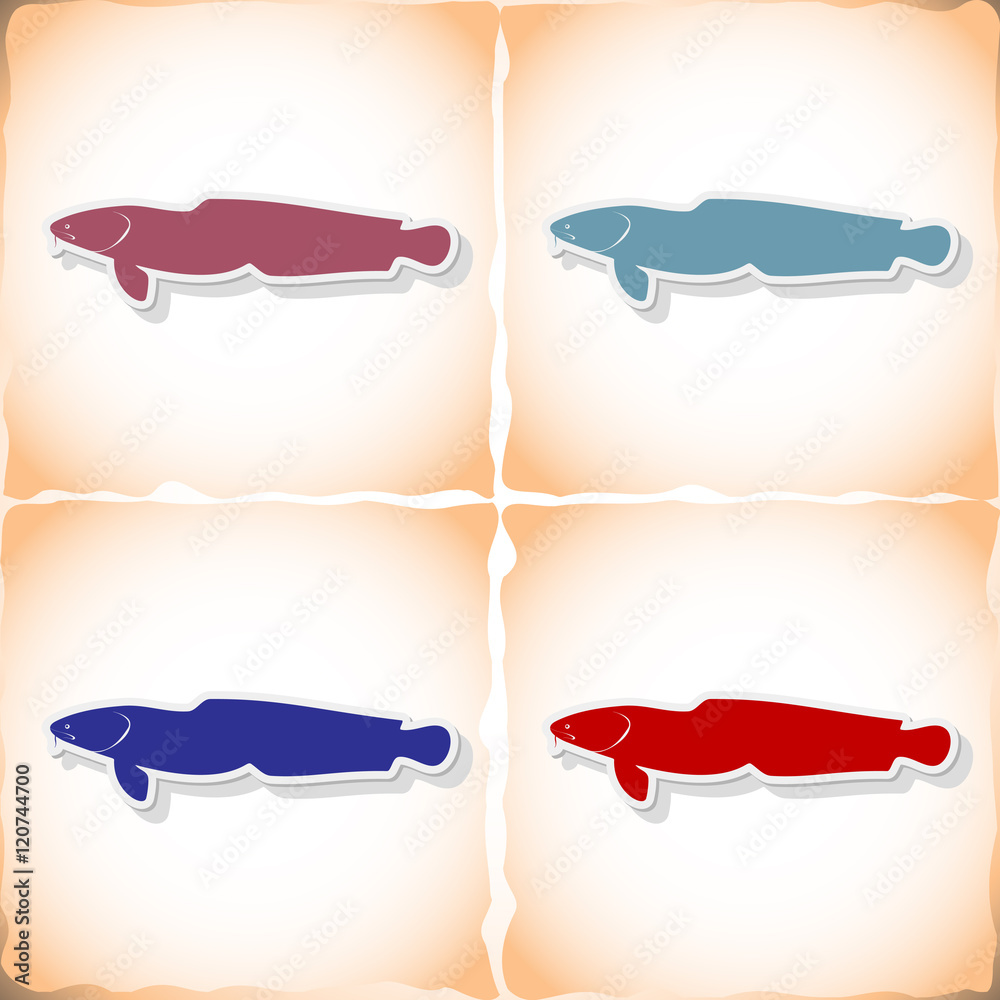 Fish burbot. Flat sticker with shadow on old paper