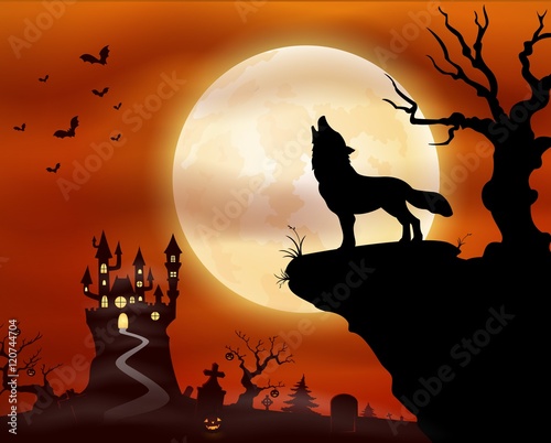 Halloween night background with wolf howling, castle and full moon