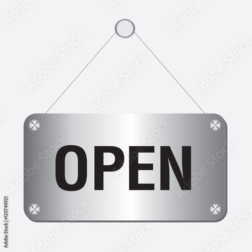 silver metallic open sign hanging on the wall 