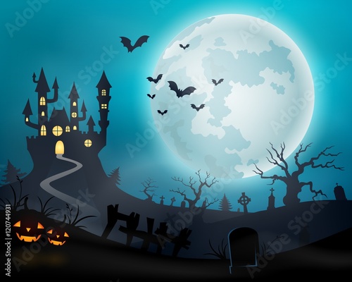 Halloween night background with castle and pumpkins