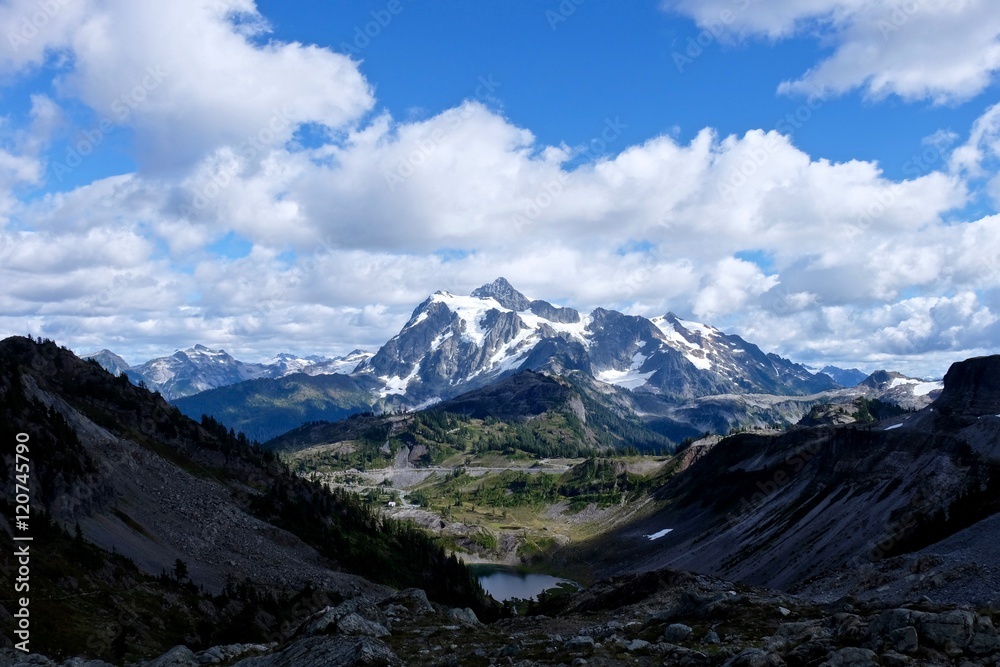 Mountain road to ski area. Mount Shuksan in Cascade Mountains. Artist Point. Bellingham. Seattle. Washington. USA. Mountain road to ski area. Mount Shuksan in Cascade Mountains. Artist Point. Bellingham. Seattle. Washington. USA.