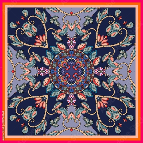 Decorative floral ornament. Can be used for frames, cards, bandana prints, kerchief design, tablecloths and napkins. Vector illustration.