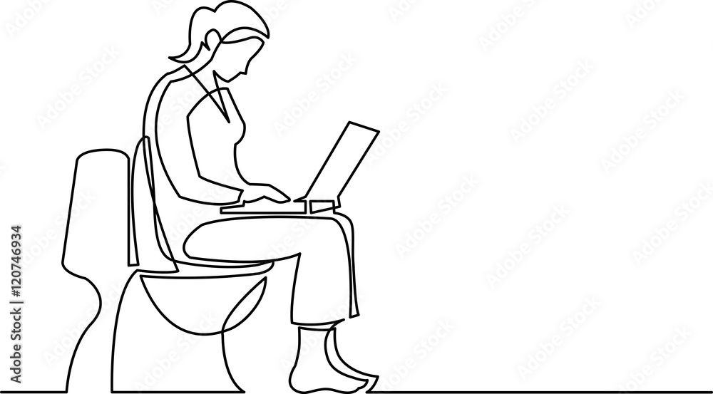 continuous line drawing of woman sitting on toilet seat with com continuous line drawing of woman sitting on toilet seat with com