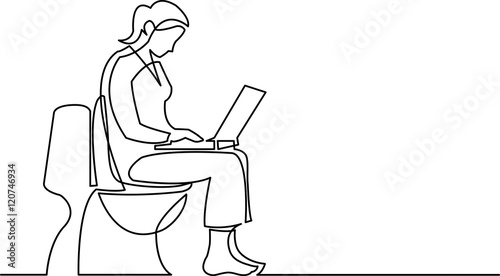 continuous line drawing of woman sitting on toilet seat with com