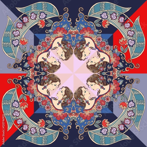 Beautiful bandana print with a female portrait and floral ornament. Vector illustration
