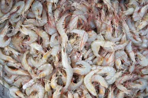 Fresh raw shrimps seafood in ice for sale in a local market in Thailand