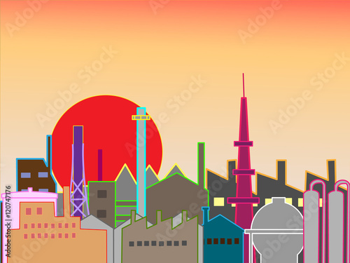 夕日を浴びる工業地帯