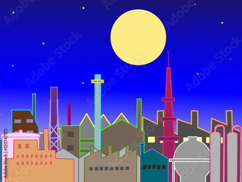 満月の夜の工業地帯