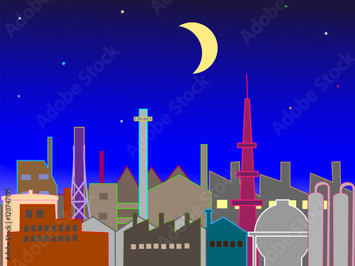三日月の夜の工業地帯