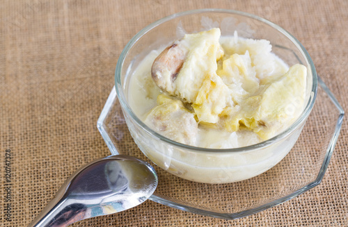 Durian with coconut milk sticky rice in glass bowl, Popular tha