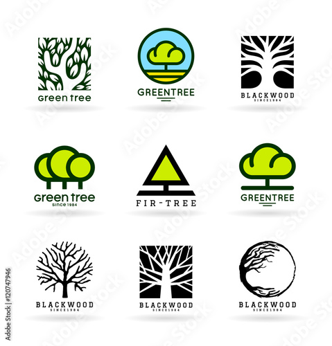 Set of various tree symbols and logo design elements (9)
