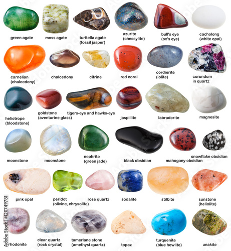 collection of various tumbled gemstones with names