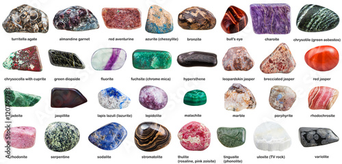 various tumbled ornamental stones with names