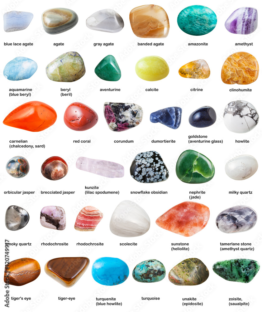 Various Tumbled Gemstones With Names Isolated Stock Photo Adobe Stock